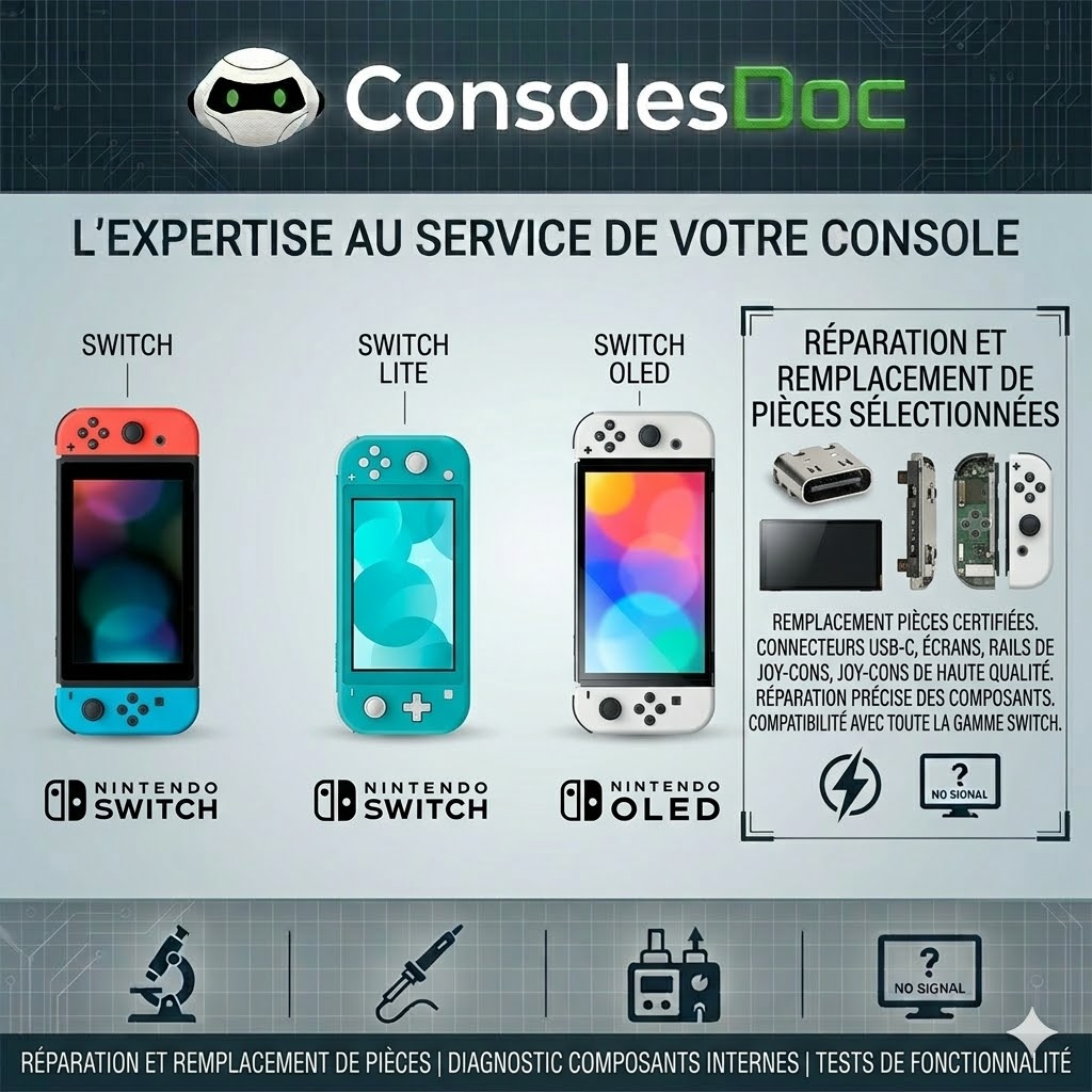 Réparation Écran, Rails, Connecteur et Joy-Cons (Nintendo Switch, Lite, OLED)